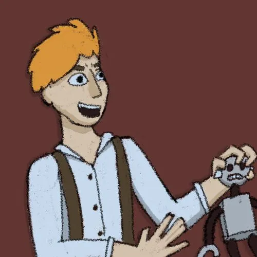 A boy with spiked orange hair, wearing a white shirt with brown suspenders, holding a robot